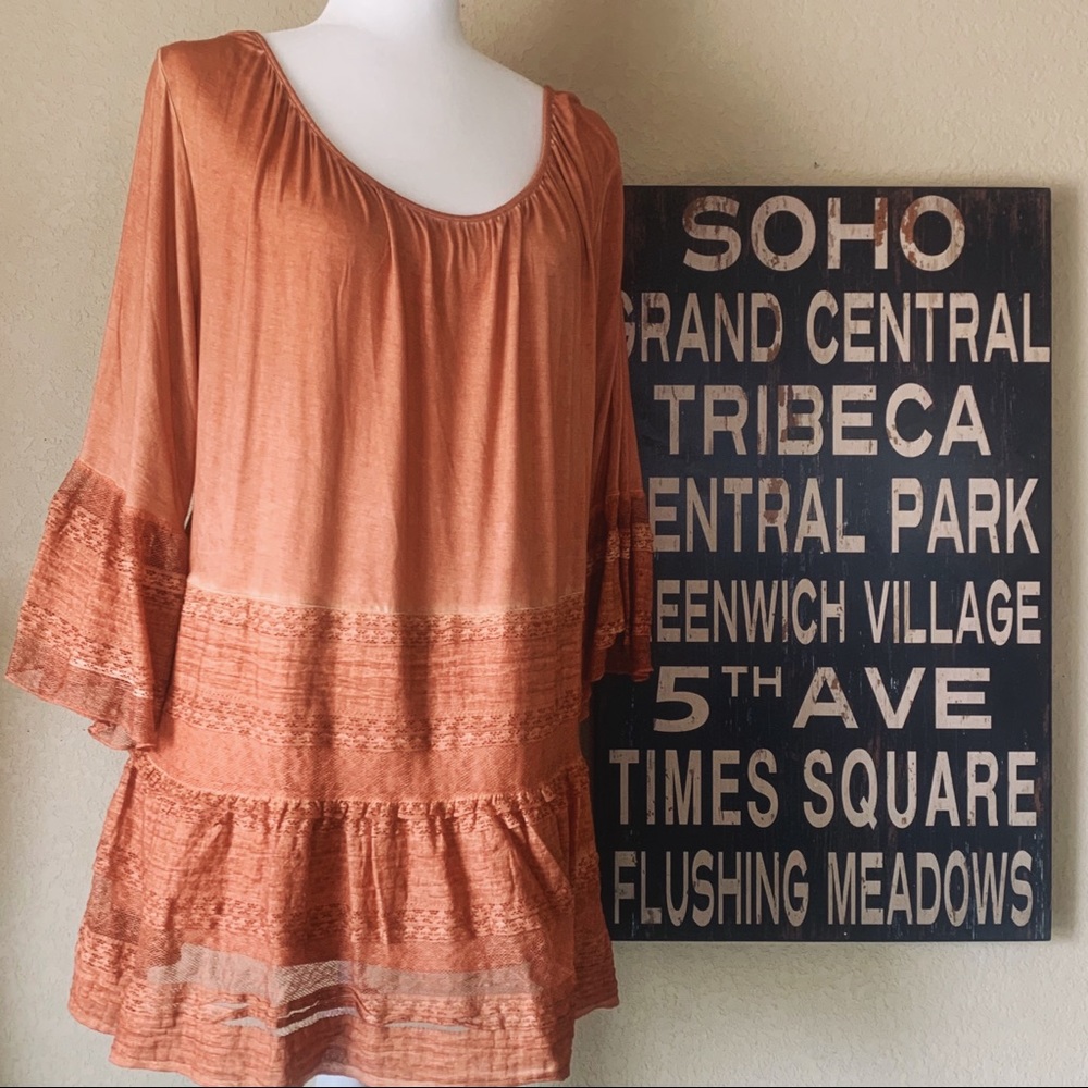 ☀️ Song N Spirit Orange Lace Boho Tunic Top